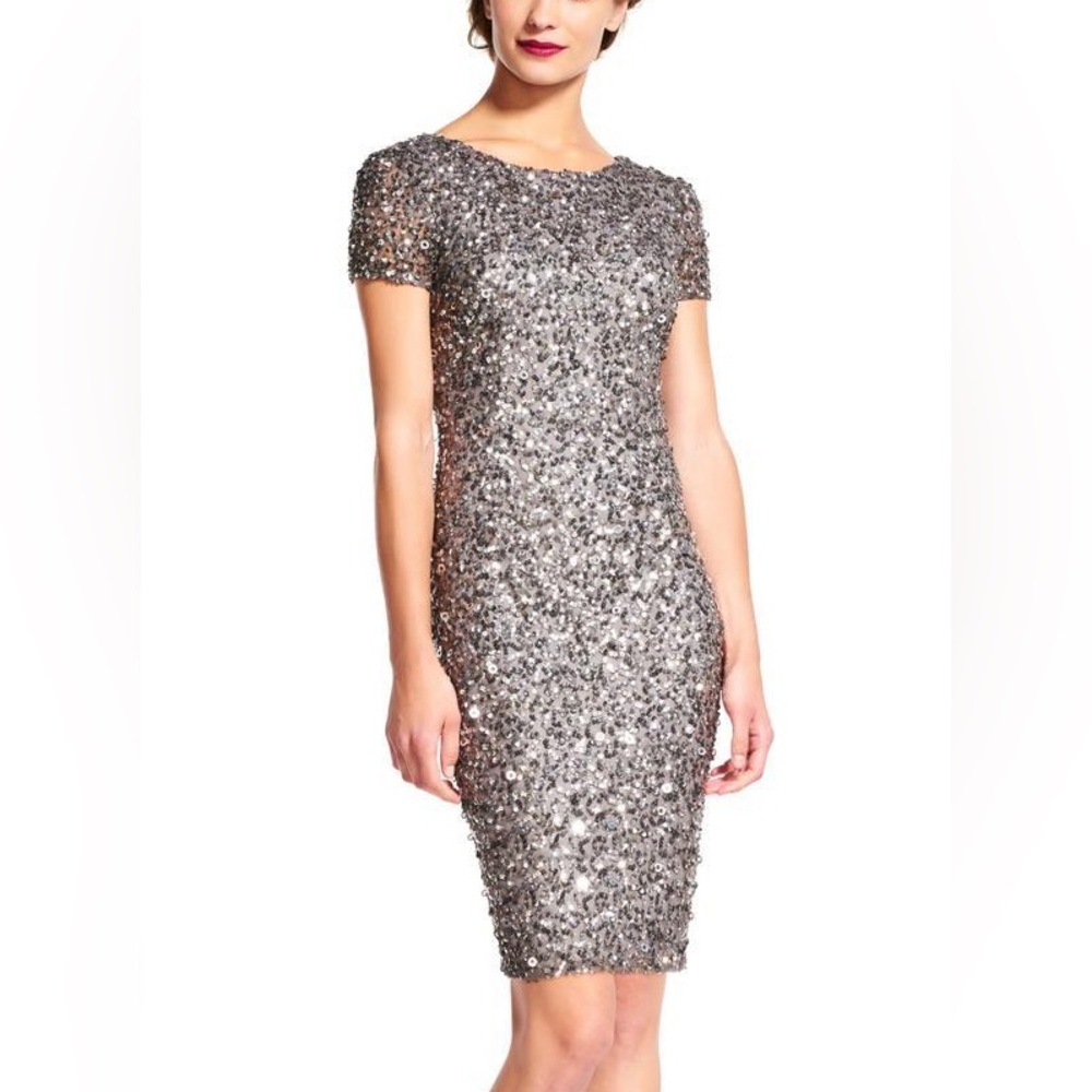 ADRIANNA PAPELL- Beaded Short-Sleeve Sheath Dress, Gray/Silver, size 4